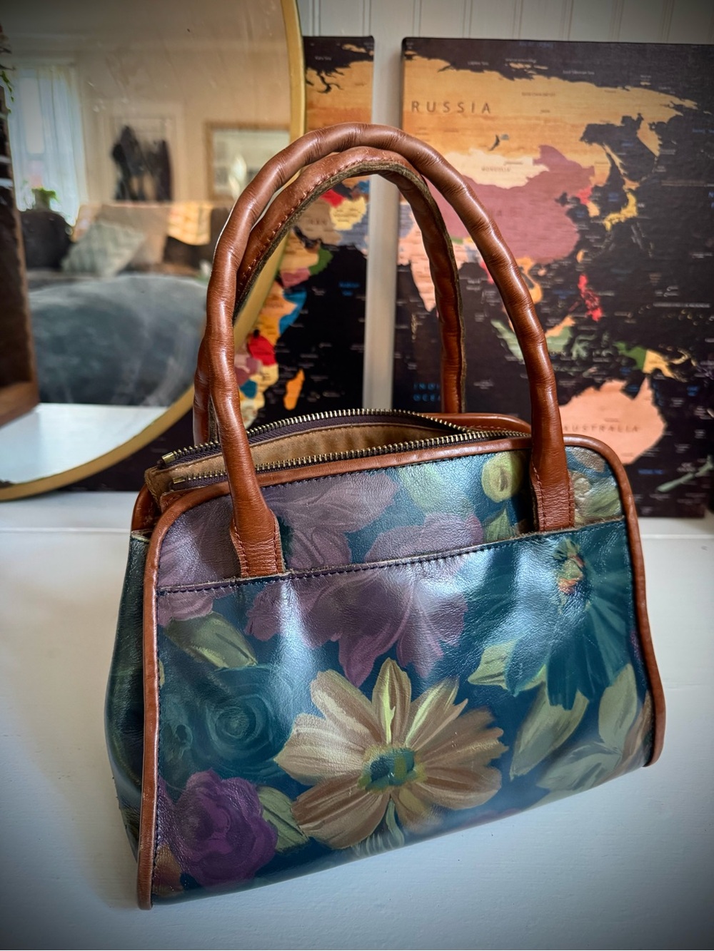 Patricia Nash Paris Peruvian Floral Leather Shoulder Bag with Brown Trim